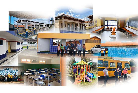 Foto composição com pátio de escolas, um brinquedo de recreação infantil, um ônibus escolar e salas de aula